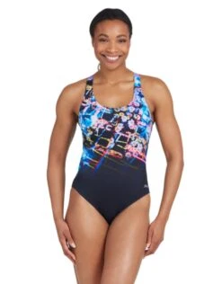 Zoggs Digital Daisy Actionback Swimsuit - Black/Purple