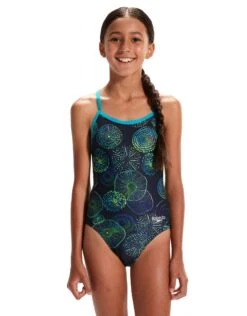 Speedo Girls Allover Digital V Back Swimsuit - Navy/Green