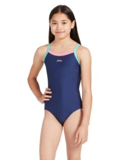 Zoggs Girls Kerrawa Strikeback Swimsuit - Navy/Purple/Coral