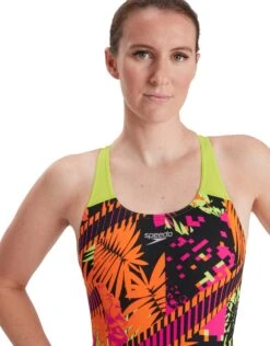 Speedo Placement Powerback Swimsuit - Pink/Green -Aqua Wear Shop Speedo Paclement Powerback Siwmsuit Pink Green 2