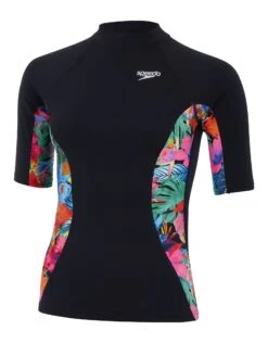 Speedo Printed Short Sleeved Rash Top - Black/Pink -Aqua Wear Shop Speedo Printed Rash Vest Black Pink Side