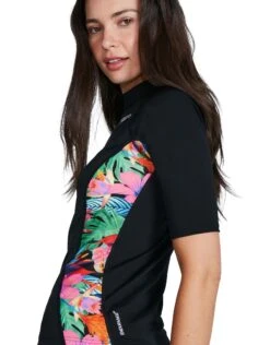 Speedo Printed Short Sleeved Rash Top - Black/Pink -Aqua Wear Shop Speedo Printed Rash Vest Black Pink Side 2