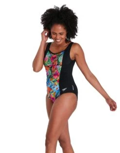 Speedo Printed Contour Shaping Swimsuit - Black/Multi -Aqua Wear Shop Speedo Womens Printed Shaping Swimsuit Black Multi 5